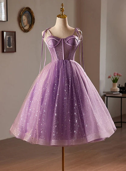 Charming Purple Tulle Design A-line Spaghetti Strap Homecoming Dress TP3625