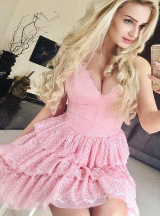 PM182,Pink Homecoming Dresses Lace Graduation Dress