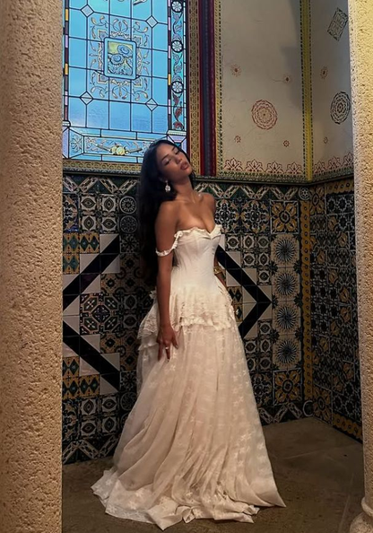Vintage Ball Gown Off the Shoulder Satin Lace Prom Dress Wedding Dress