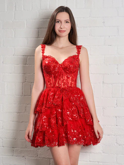 omberprom Short A-Line Graduation Dresses Sweetheart Tiered Homecoming Dress