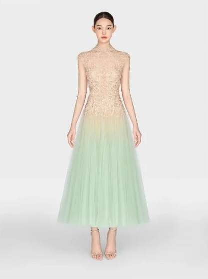 Gradient color suspenders nude pink upper body slimming elegant light green skirt long skirt homecoming dress R4791
