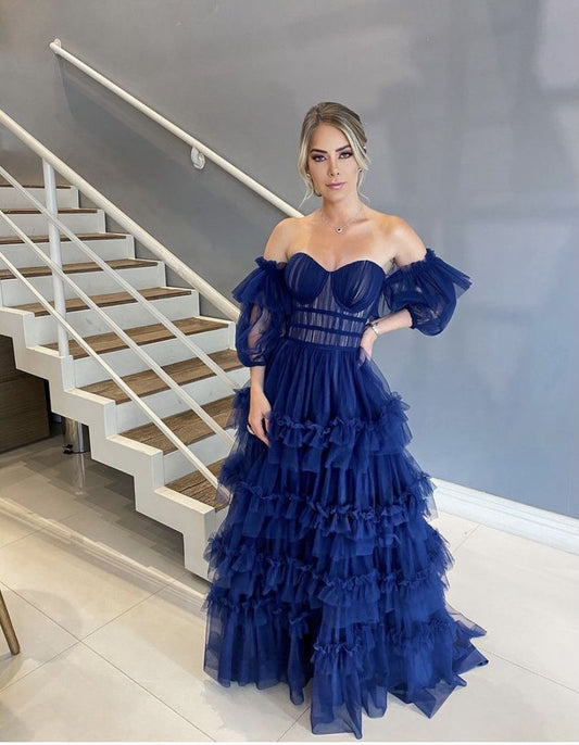 PM493,Blue A-Line Prom Dresses, Tulle Evening Party Dress With Bubble Sleeves