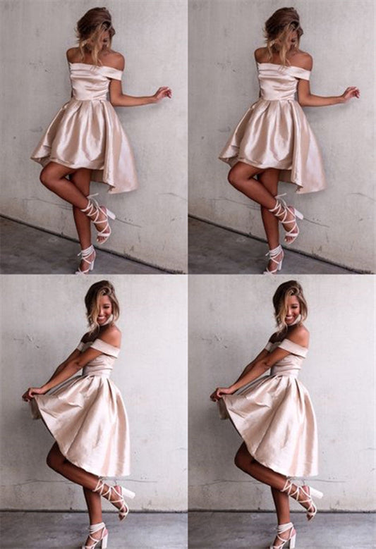PM029,Chic Off The Shoulder A-line Short Dress ,Light Pink Homecoming Dress,Hi-Lo school event dress