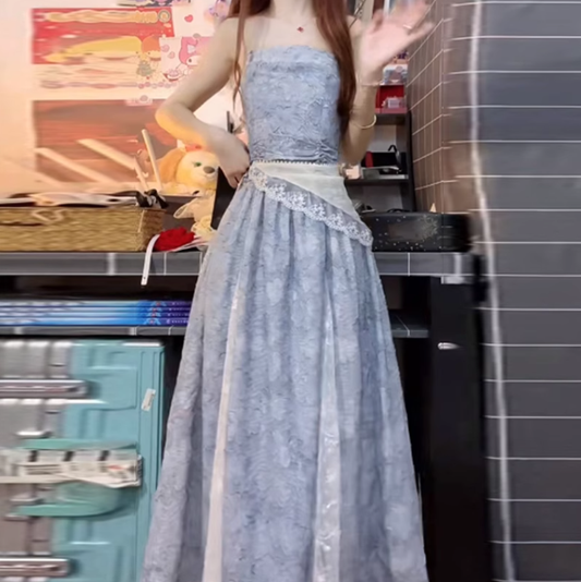 Blue lace tube top dress 2025 new beautiful waist a-line long skirt R0675