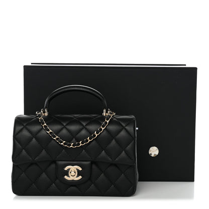 Lambskin Quilted Mini Top Handle Rectangular Flap Black
