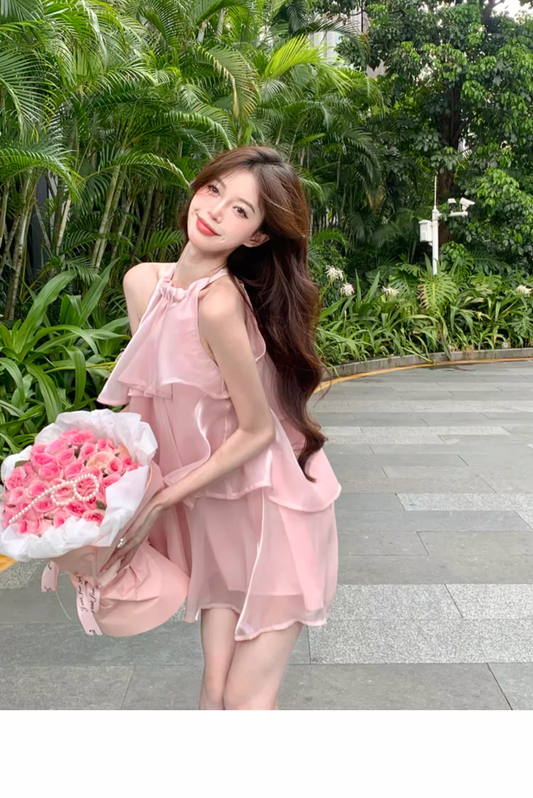 Stylish Pink Patchwork Ruffled Sleeveless Seaside Holiday Halter Dress TP2986