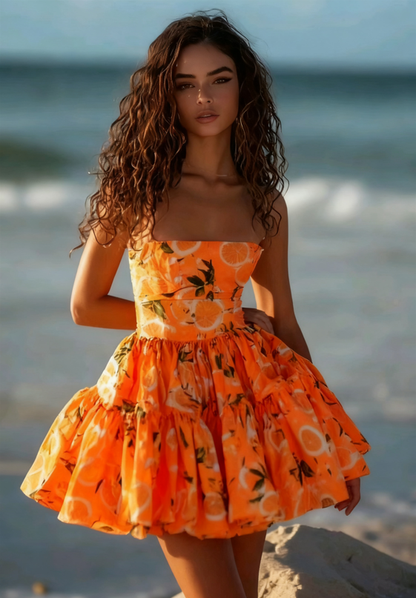 Retro Yellow Floral Tube Top Waist Puffy Skirt Homecoming Dress R3178
