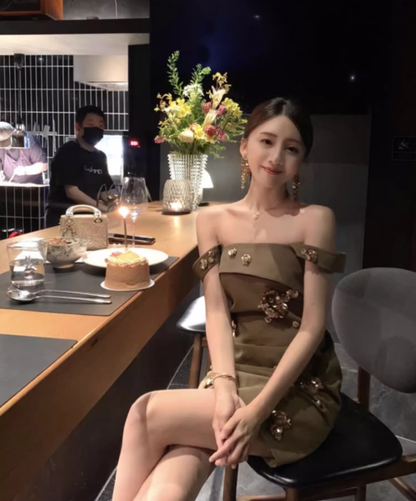 Birthday dress high-end party dress high-end niche one-shoulder suspender dress R1804