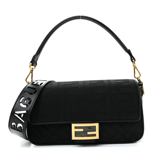 Canvas Vitello King Extra Strap FF Embroidered Baguette Black