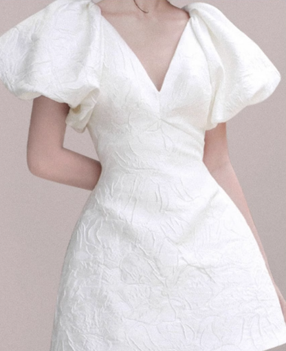 French retro white jacquard puff sleeves V-neck slim banquet party evening dress skirt homecoming dress R2976