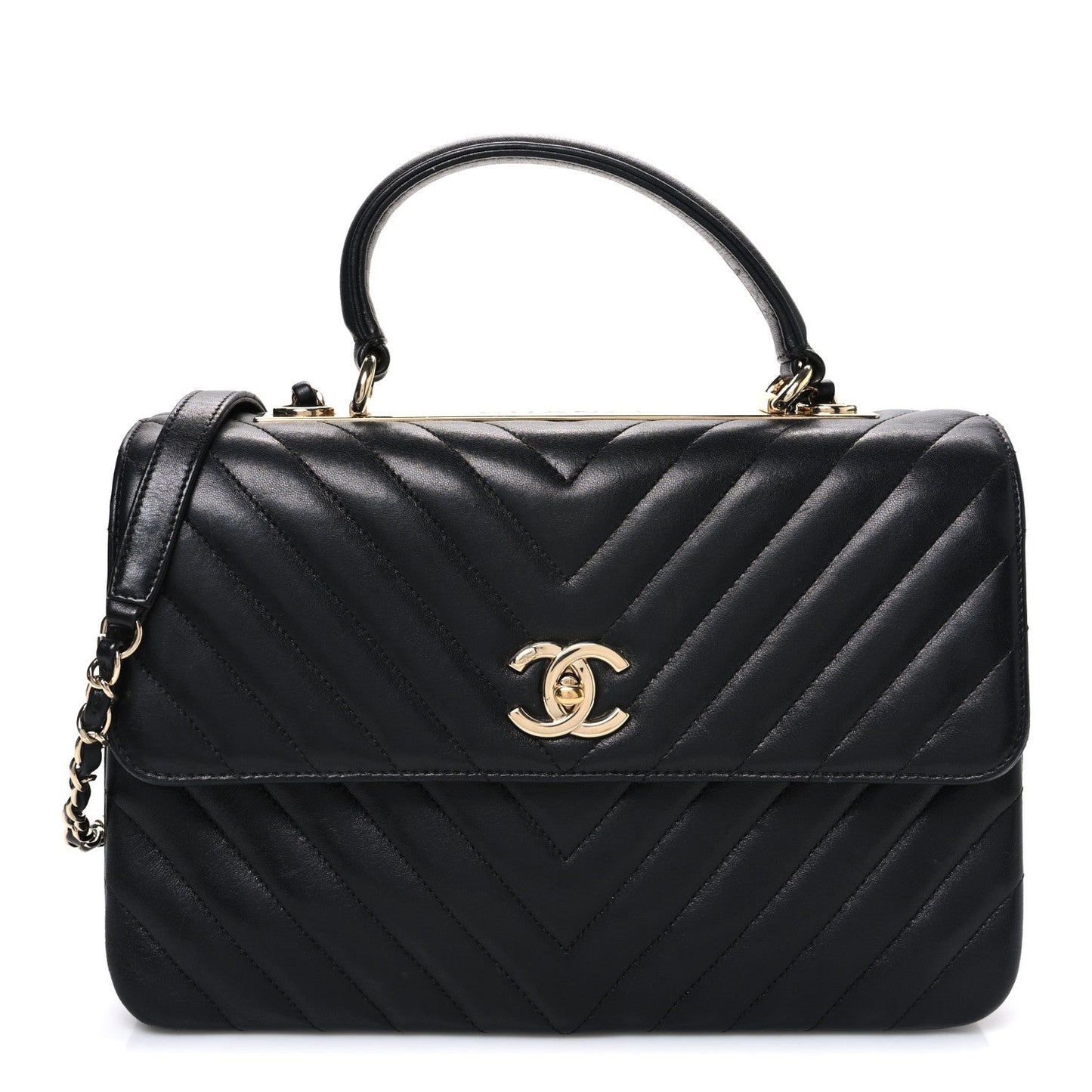 Lambskin Chevron Quilted Medium Trendy CC Dual Handle Flap Bag Black