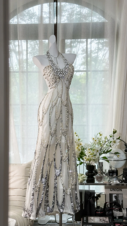 Vintage White Beaded Sparkling Long Chiffon Spaghetti Strap Romantic Ball Gown Evening Dress Prom Dresses TP3963