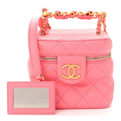 Calfskin Quilted Small Vanity Case With Chain Coral Pink