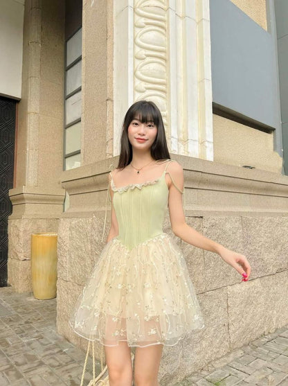 Green suspenders slim waist apricot skirt cute short skirt homecoming dress R3889
