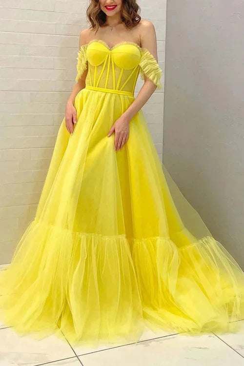 omberprom Elegant A Line Off the Shoulder Yellow Long Prom Dress Evening Dress
