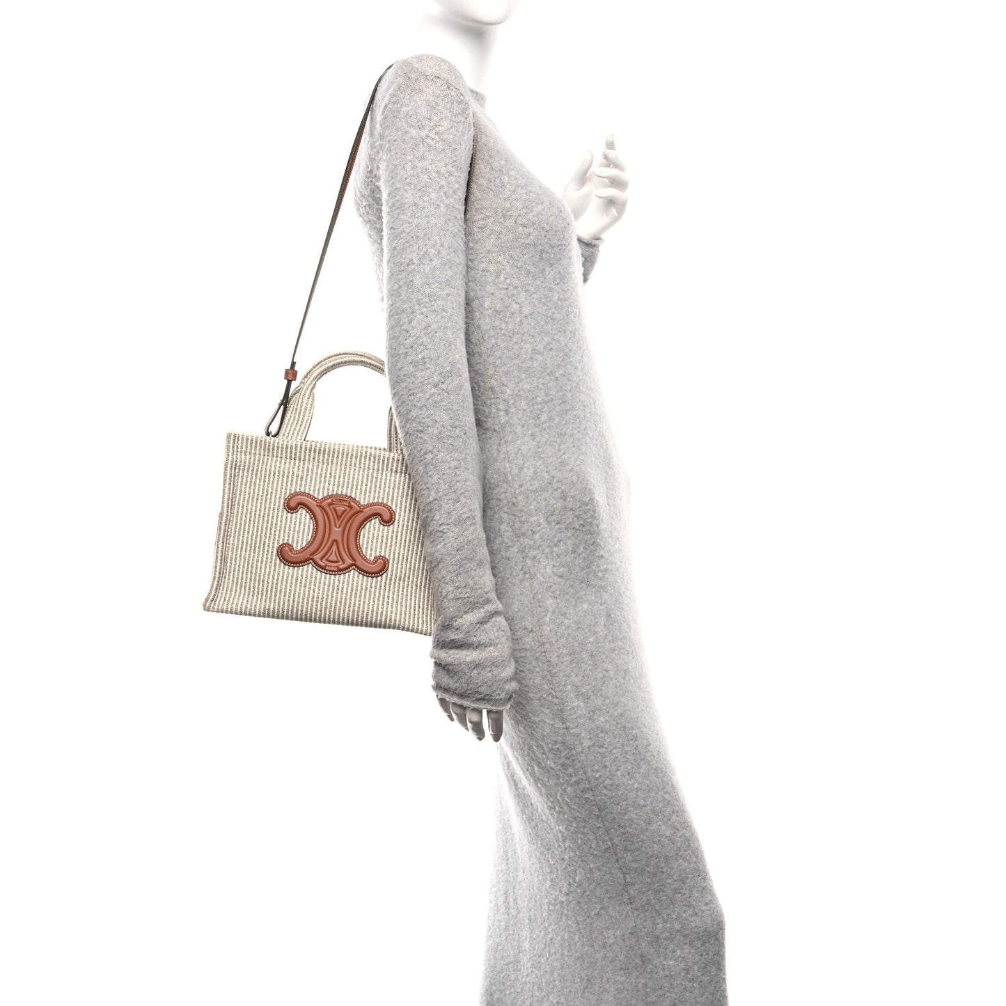 Canvas Calfskin Striped Triomphe Small Cabas Beige