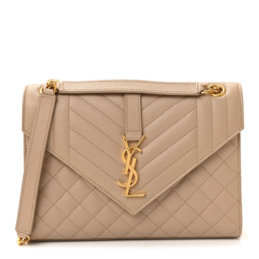 Grain De Poudre Textured Mixed Matelasse Medium Triquilt Monogram Satchel Dark Beige