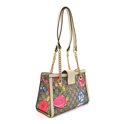 GG Supreme Monogram Flora Textured Calfskin Small Padlock Tote Beige Ebony Multicolor Mystic White