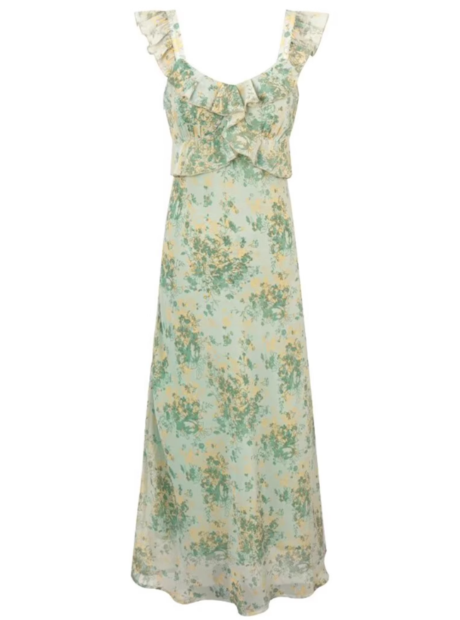 2025 Summer New Green Floral French Tea Break Seaside Vacation Long Dress R0975