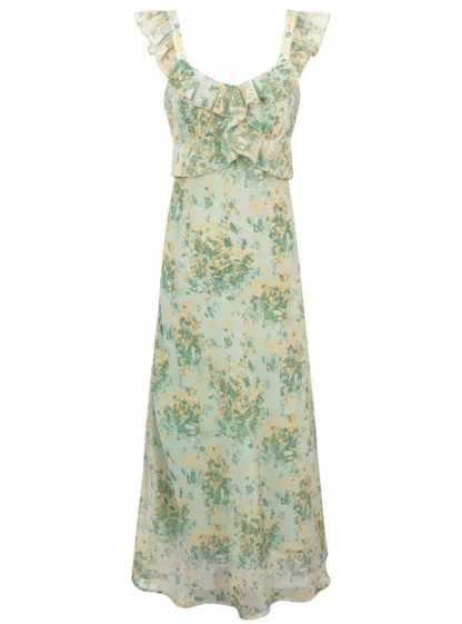 2025 Summer New Green Floral French Tea Break Seaside Vacation Long Dress R0975