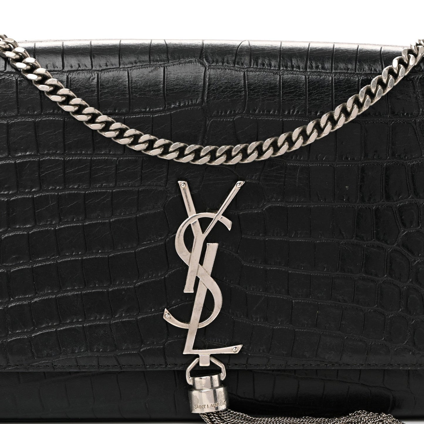 Calfskin Crocodile Embossed Medium Classic Monogram Kate Tassel Satchel Black