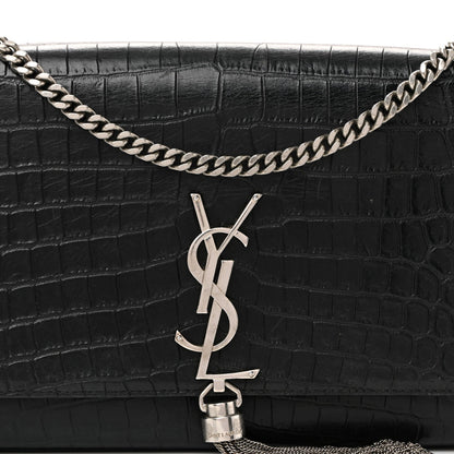 Calfskin Crocodile Embossed Medium Classic Monogram Kate Tassel Satchel Black