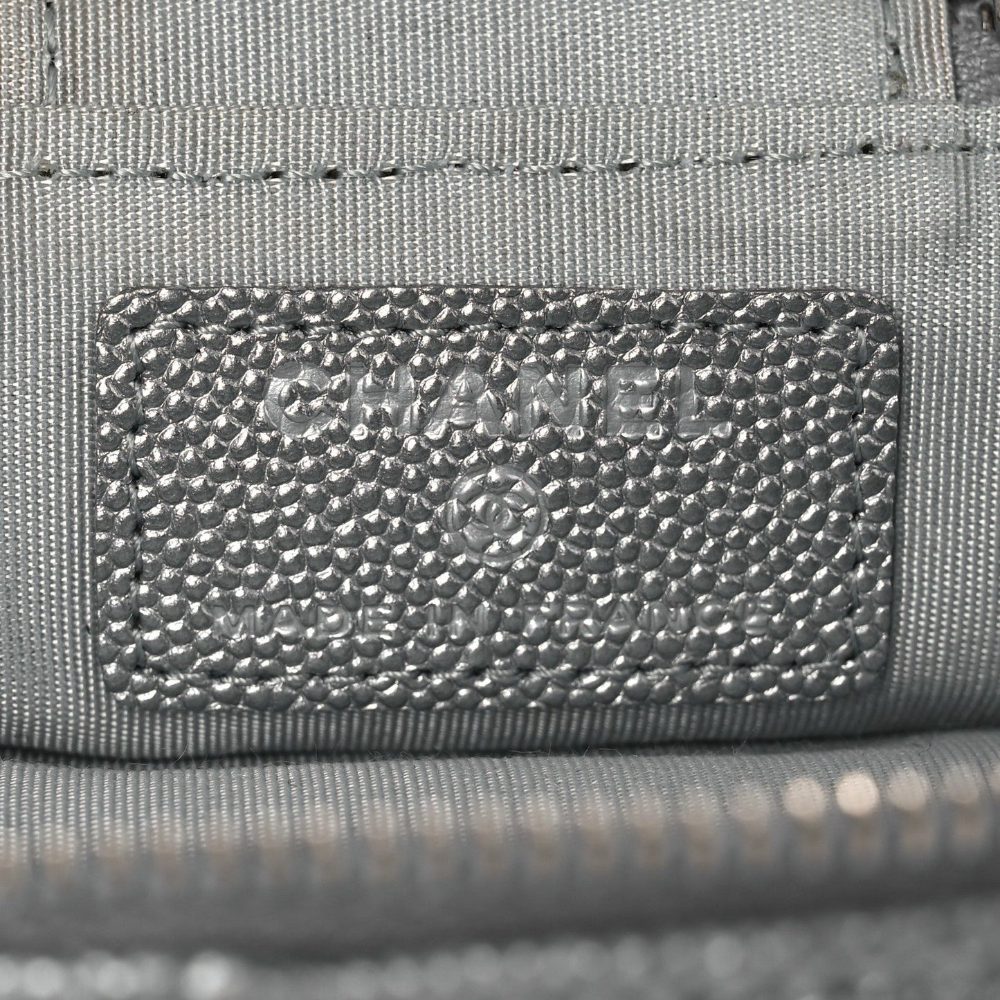 Metallic Caviar Quilted Mini Top Handle Vanity With Chain Silver