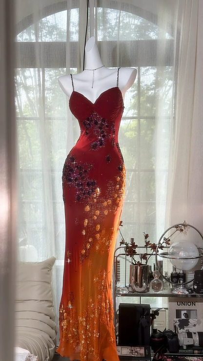 Vintage Beaded Sparkling Long Chiffon Spaghetti Strap Luxury Ball Gown Evening Dress Prom Dresses TP3964