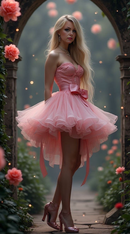 Pink tube top waist slim cake puffy skirt homecoming dress R3773