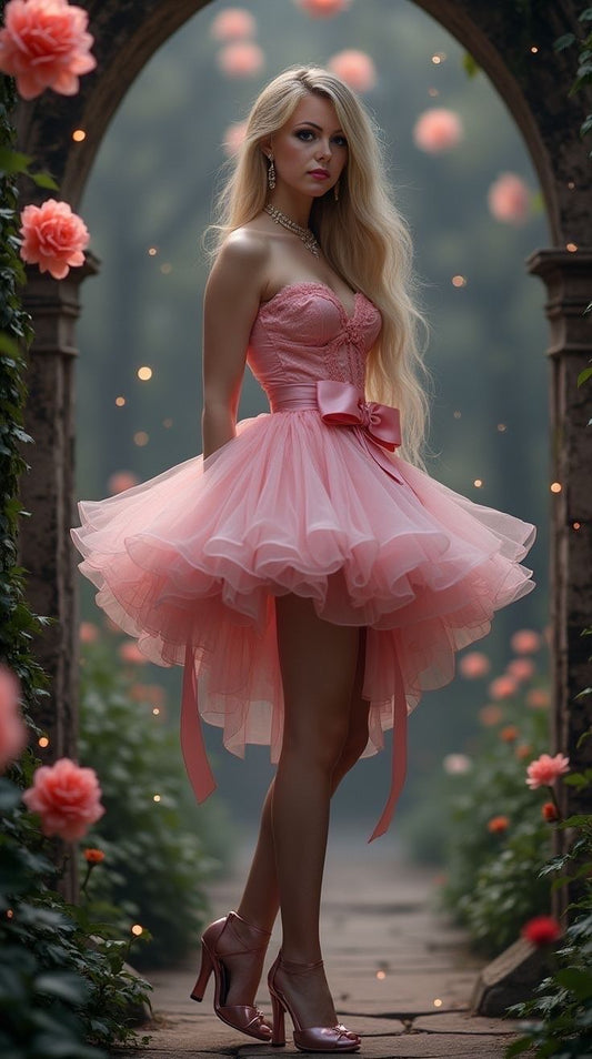 Pink tube top waist slim cake puffy skirt homecoming dress R3773