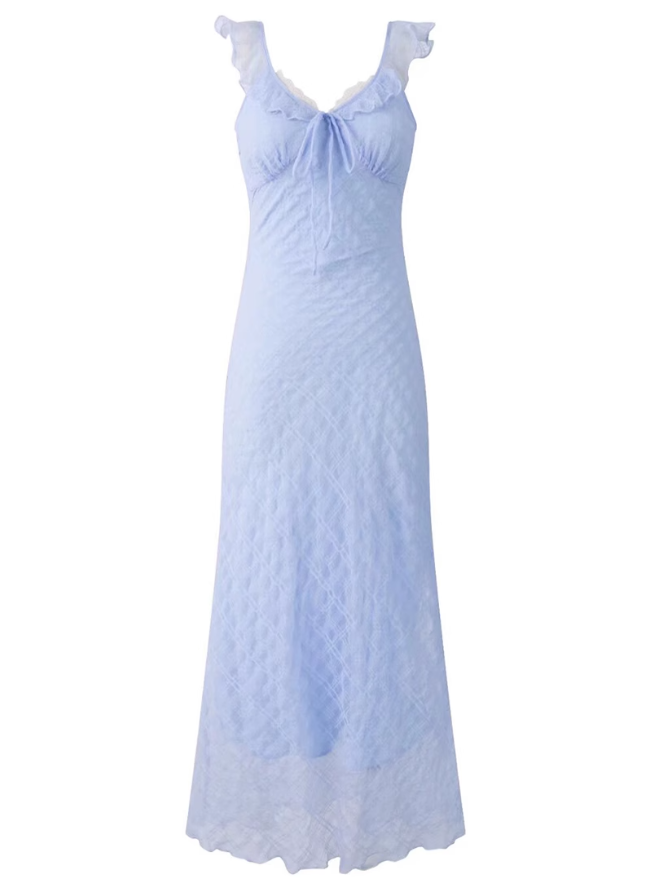2025 Summer New Blue Mermaid Princess French Flying Sleeve Plaid Long Dress R0957