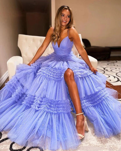 Spaghetti Straps V-Neck Layers Formal Party Prom Dresses