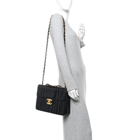 Lambskin Vertical Quilt Jumbo Single Flap Black