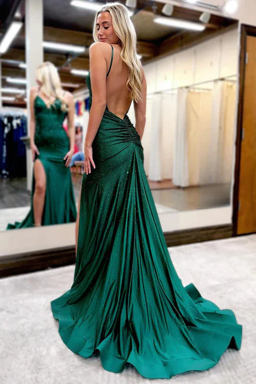 omberprom Elegant Royal Blue Evening Dress Beaded V Neck Mermaid Long Prom Dresses with Slit