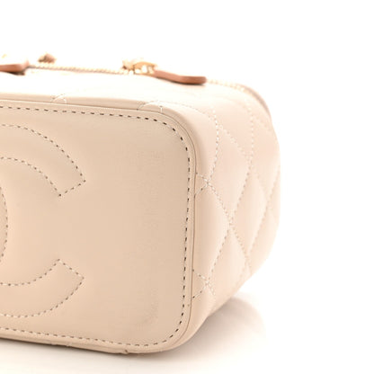 Lambskin Quilted Small Top Handle Vanity Case With Chain Ecru Dark Beige