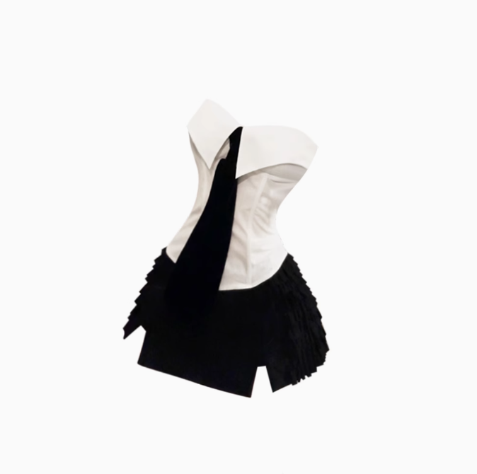 2025 Gold Lapel Fishbone Tube Top Side Slit Pleated Skirt Set R1221