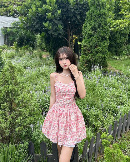 Pink small floral suspenders waist slimming and slimming cute mini skirt homecoming dress R4040
