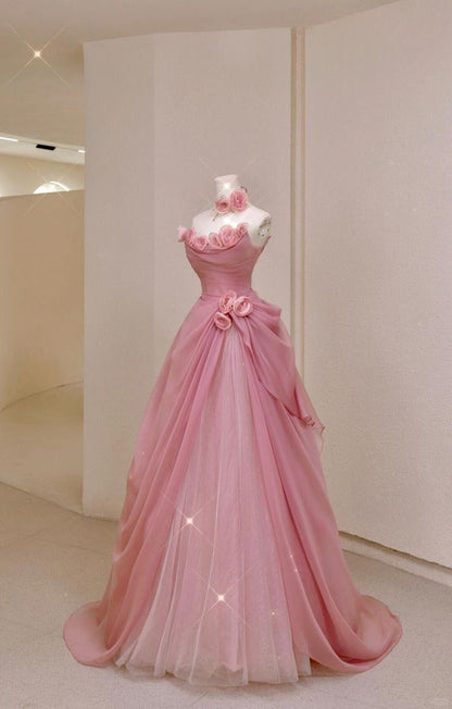 Vintage Pink Tulle 3D Flowers Strapless A-Line Evening Gown TP5182