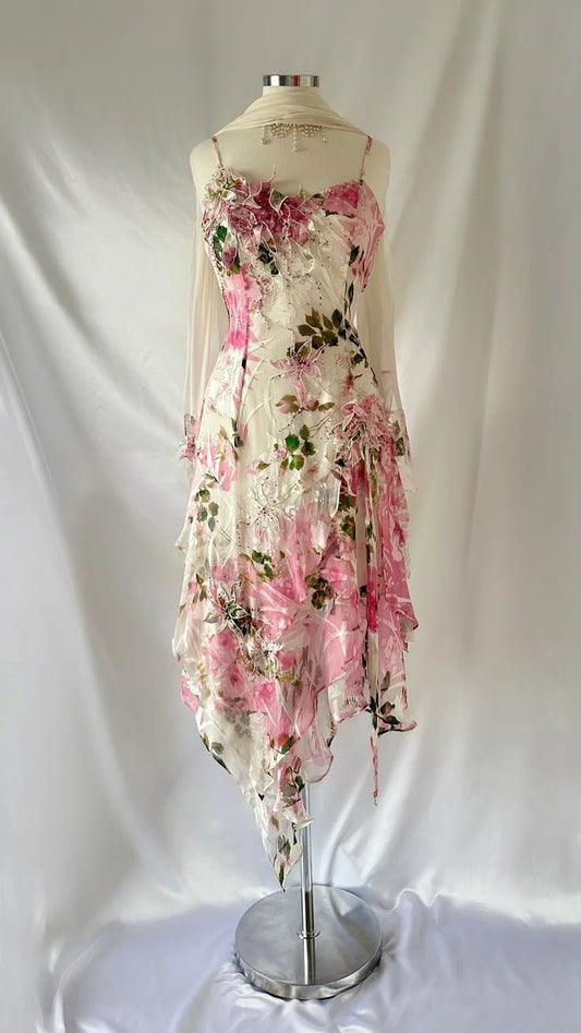 Pink printed suspenders waist slim fit sexy irregular skirt dress homecoming dress R2628