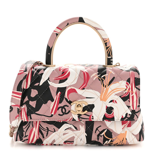 Calfskin Quilted Lily Floral Mini Coco Handle Flap Beige Black White Red