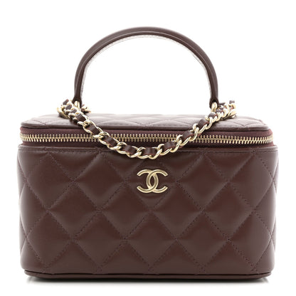 Lambskin Quilted Small Top Handle Vanity Case With Chain Dark Brown