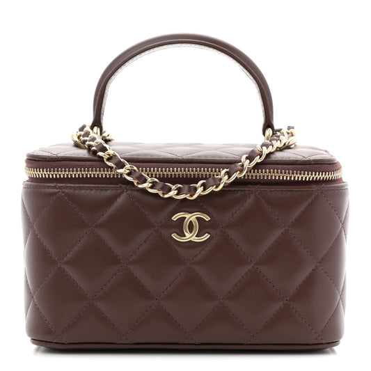 Lambskin Quilted Small Top Handle Vanity Case With Chain Dark Brown