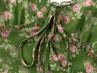 2025 Summer New Green Floral Seaside Vacation Mid-Length Suspender Dress R0941