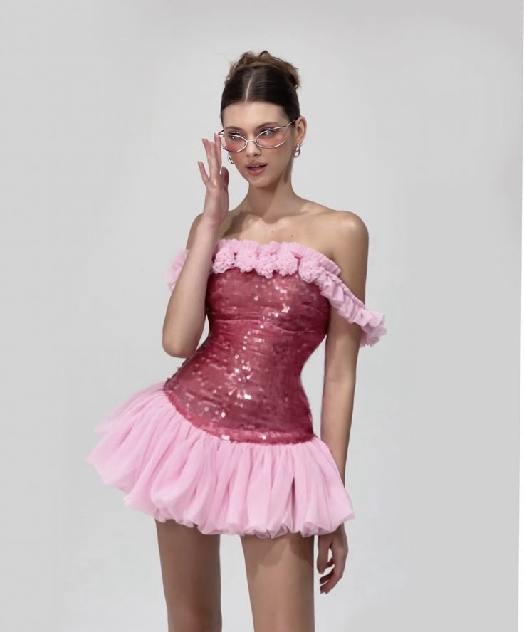 Pink one-shoulder waisted tutu skirt homecoming dress R2957