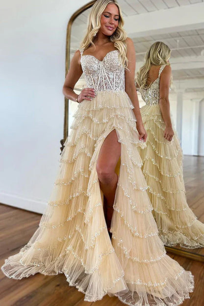 omberprom A-Line Evening Dress Sweetheart Champagne Tulle Prom Dresses with Appliques