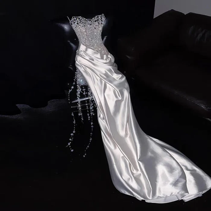 Ivory Beaded Long Prom Dress Sexy Evening Party Gown Birthday Dress