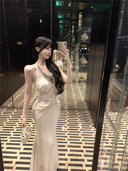 Elegant Beading Design Beige A-Line Long Banquet Halter Dress TP3155