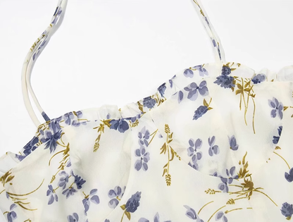 2025 Summer New French Blue Floral Holiday Style Mid-Length Suspender Dress R0923