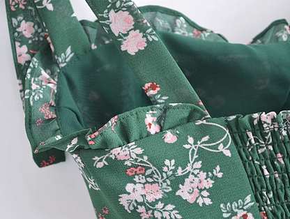 2025 Summer New Retro Green Floral Fungus Small A-line Suspender Dress R0926
