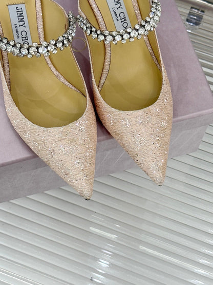 Jimmy Choo Classic Diamond Chain Point Toe High Heels Champagne Glitter Sheepskin 573548